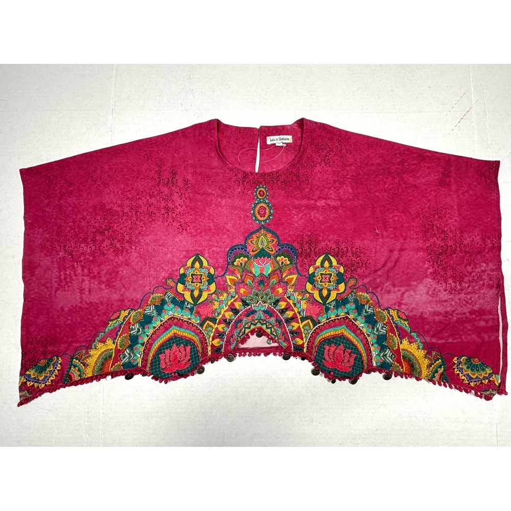 Leo Babes XXS/30 Festival Bohemian Cropped Top Beaded Pom Trim Batwing Pink EUC